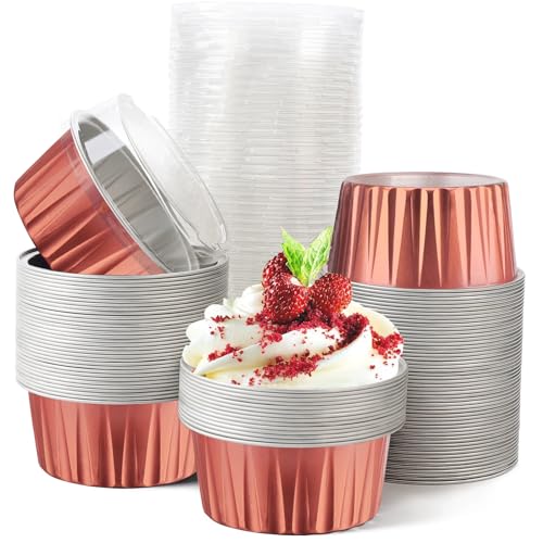 100 Pcs 5 oz Aluminum Foil Cup with Lids Disposable Ramekins with Lids Disposable Ramekin Baking Cups Foil Cupcake Containers for Wedding, Christmas, Kitchen, Party (Caramel, 5 oz) by Retainbre - Used condition - US$21.32
