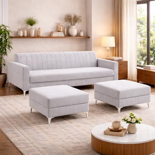 Image of Amelia 5 Seater L Shape Sofa Set with 2 Movable Ottomans | Flexible Layout | Rich Velvet Suede Fabric | Silver Legs | Spacious Seating | Modern Sofa for Living Room (Light Grey)