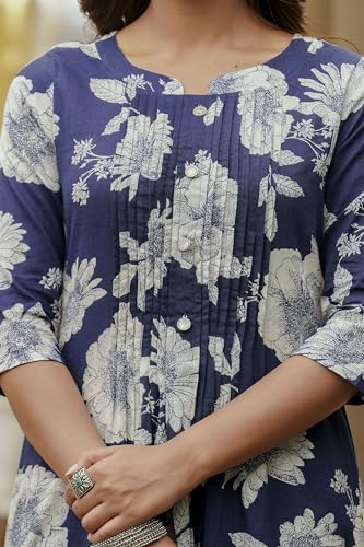 Image of NIVANA Floral Printed Kurta with Pant & Stripe Printed Dupatta | 3 /4 Sleeves | Round Notch Neck Button Detail
