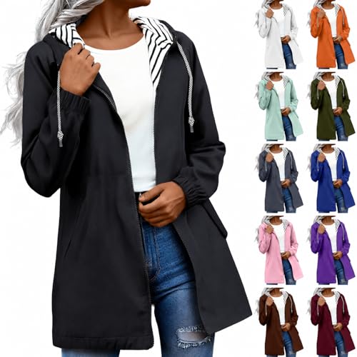 Générique Veste Impermeable Femme Capuche, Coupe Vent Femme Impermeable Veste de Pluie avec Capuche Parka Mi Saison Trench Long Ultra Léger Manteau...