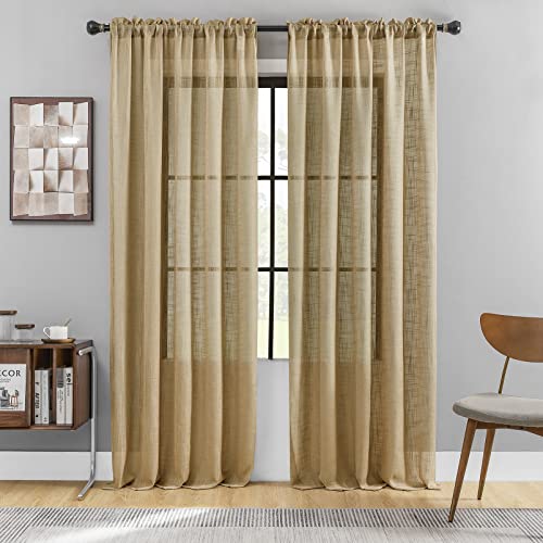 Home Queen Sheer Linen Window Curtains, Extra Long Semi Sheer Burlap Drapes for Living Room, with 3" Rod Pocket, 52 W X 108 L, 2 Panels, Taupe