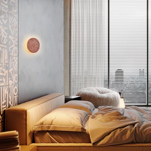 Image of DUHU Round Wall Light,Red Cement Wall Lamp Hardwired for Hallway,Minimalist Led Wall Sconce Flat Design,Modern Sconces Lighting for Bedroom,Living Room,Bathroom,9w 3000k,Warm White,Moon Light Wall
