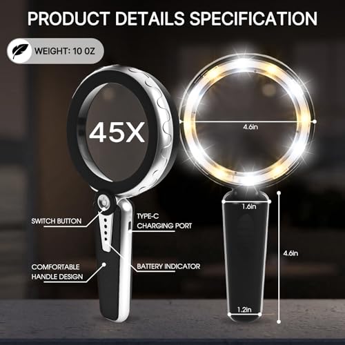 HUIBOER 45X Magnifying Glass with Light, 4.6 Inch 1200mAh USB Rechargeable, 6 Lighted Modes, Large Handheld Magnifier for Low Vision Seniors with Macular Degeneration, Reading, Jewelry, Coins - Black by Huiboer - Image 5