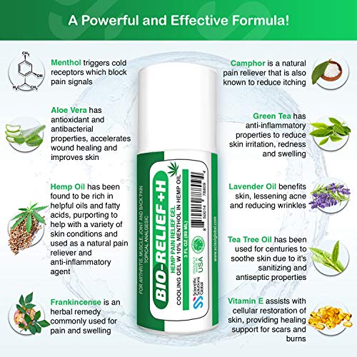 Bio-Relief +H, Hemp Pain Relief Gel, Cooling Gel W 10% Menthol In Hemp Oil, 3 Oz Roll-On For Arthritis, Muscle Pain, Joint & Back Pain, Topical Analgesic, Fast Acting, Long Lasting Pain Reliever Cream #TOP1