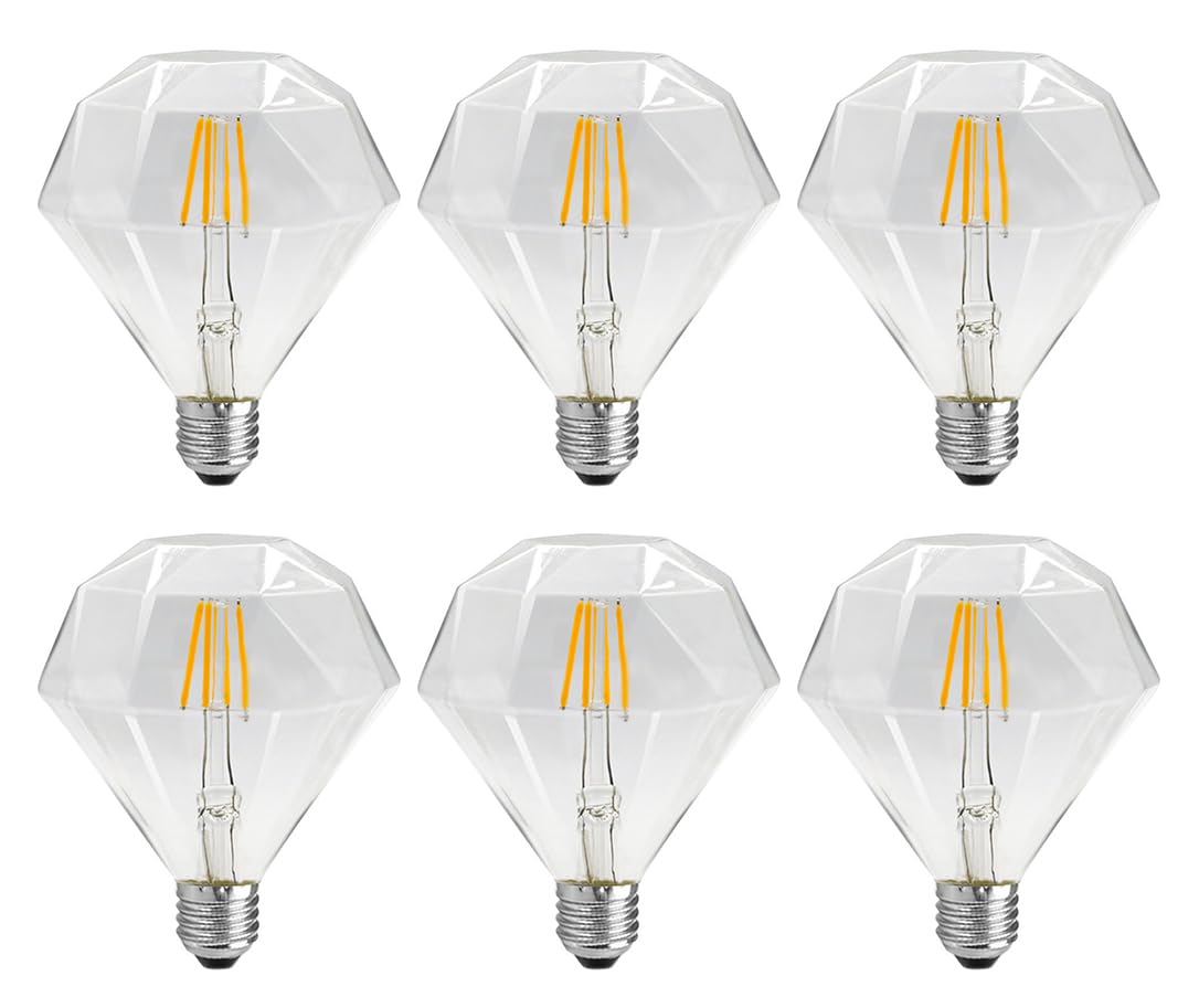 Vintage D95 LED Filament Bulb, Decorative LED Edison Bulb, Diamond Shaped Light Bulb. 4W (40W Equivalent) E27 400LM, 2700K Warm White, Clear Glass, Pack of 6 (Clear)