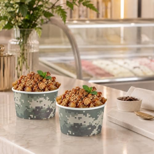 Image of Restaurantware Coppetta 5 Ounce Dessert Cups, 200 Disposable Ice Cream Cups - Lids Sold Separately, Sturdy, Camouflage Paper FroYo Bowls, For Hot And Cold Foods, Perfect For Gelato Or Mousse