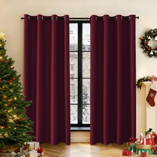 Ystyle Gardiner Vardagsrum om 2 Set, 140 X 225 cm, Mörkläggningsgardiner, Termiska Gardiner, Värmeisolerande Gardiner, Öljettgardin, Gardin Med Öljetter för Vardagsrum Sovrum, Vinröd