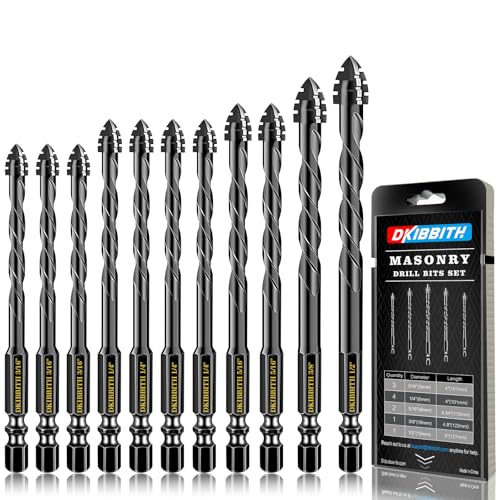 DKIBBITH 4-Flute Serrated Masonry Drill Bit Set 11-Piece Black - 3/16 to 1/2 for Concrete Tile Brick Glass Ceramic Wood.