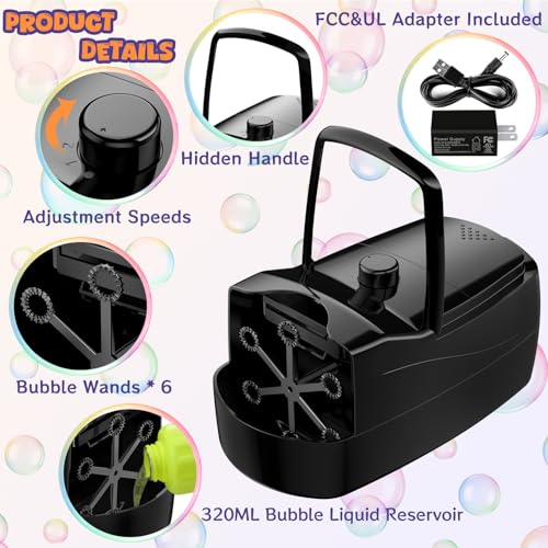 Bubble Machine, Automatic 18000+ Per Minute Big Bubbles Blower Maker for Kids Toddlers with 2 Speeds,6 Wands,Operated by Plugin or Batteries for Outdoor/Indoor Birthday Parties,Wedding (Black) - Thumbnail 7