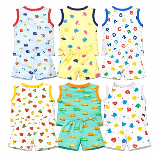 Image of Tinchuk Cotton Sleeveless T-Shirt and Shorts Hero Print Set Pack of 12 (6 Tshirt + 6 Shorts) Multi-Coloured 