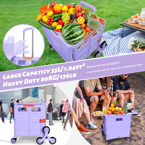 Foldable Utility Cart Collapsible Portable Crate Rolling Carts with Stair Climbing Wheels Tote Basket with Magnetic Lid Telescopic Cover Wear-Resistant 360°Rotate Wheel Noiseless for Shopping Office - Thumbnail 7