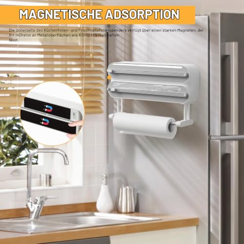 Foto von Quasziwa 3-in-1 Frischhaltefolienspender mit Küchenrollenhalter - Platzsparender Wandrollenhalter, magnetisch & ohne Bohren, Folienschneider für Frischhaltefolie & Alufolie - Inkl. Rolle 50m, Weiß