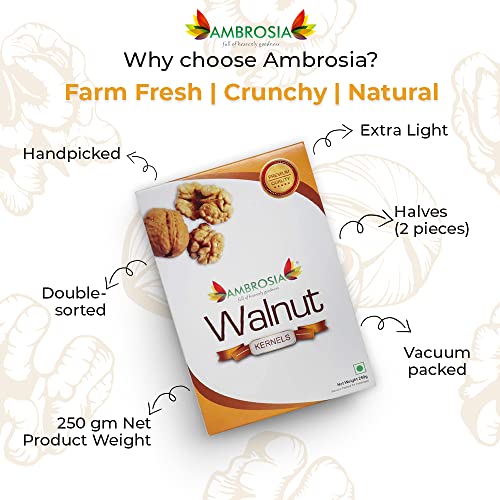 Image of Ambrosia Premium Kashmiri Walnut Kernels (Akhrot Giri) 500g (Pack of 2 x 250g) | Extra Light Halves | New Crop | Healthy Dry Fruits | Rich in Omega-3