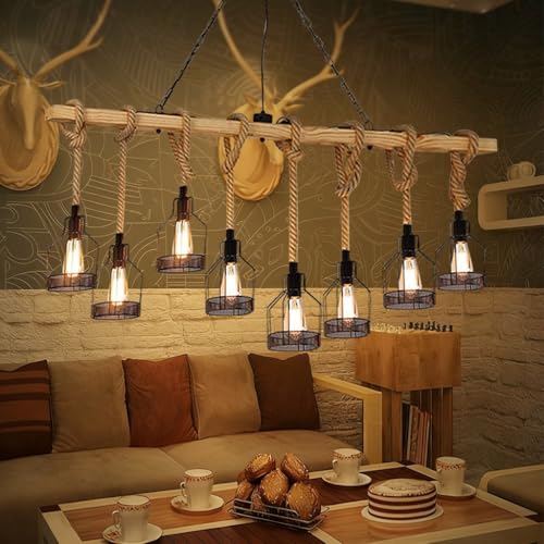 Suspension industrielle en métal E27 et bois véritable à 8 têtes