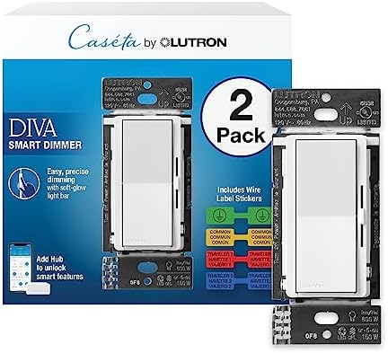 Lutron Diva Smart Dimmer Light Switch for Caseta Lighting (Lutron Smart Hub Required), for LED Lights, 150W, Single-Pole/3-Way, No Neutral, White, 2 Pack (DVRF-6LS-WH-2)
