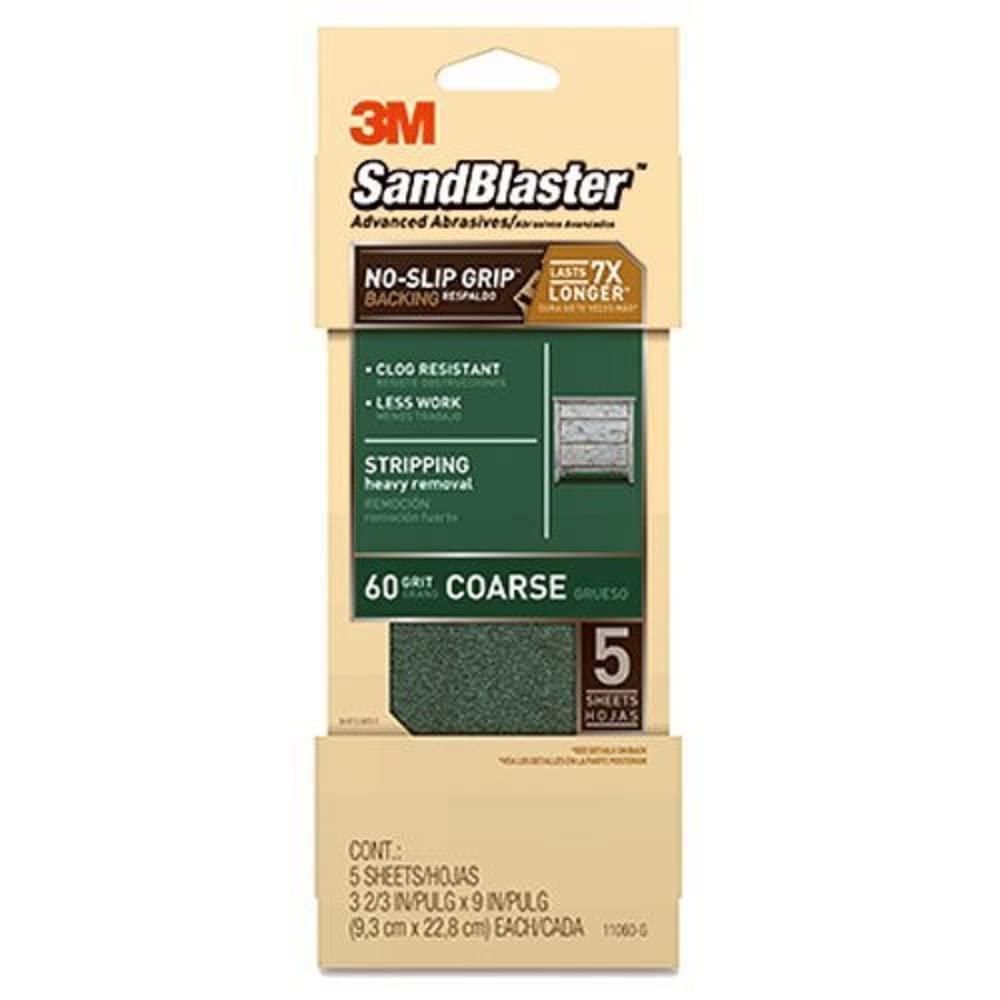 SandBlaster Sandpaper with No Slip Grip Backing, 60 Grit, 3-2/3 by 9-in, Green, 5 Per Pack (11060-G)