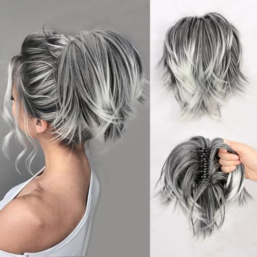 Messy Bun Hair Piece, Claw Clip in Short Ponytail Extension with Bendable Metals Wires for Women