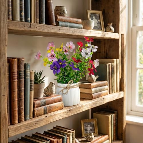 Image of Dekorly Artificial Lavender Plant in White Pot, 18cm - Realistic Faux Flower Arrangement for Home & Office Decor (Set of 1) (1, Daisy Multicolor)