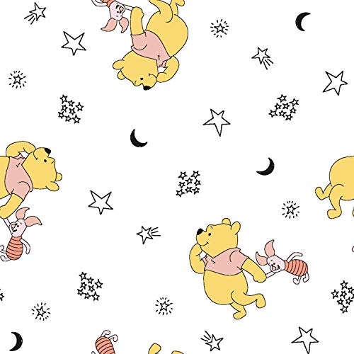 Premium 100% Cotton Disney Winnie the Pooh & Piglet Stars Fabric – Soft White Print, Perfect for Quilting and Crafts by the Yard
