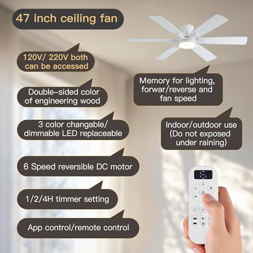 OURSTAR Ceiling Fans with Lights and Remote Control, White Low Profile Ceiling Fan with Light 3-Color LED Dimmable, Memory for Lighting and Fan Reversible, 6-Speed, Timer, Indoor/Outdoor Use, 52 Inch by OURSTAR - Used condition - Image 5