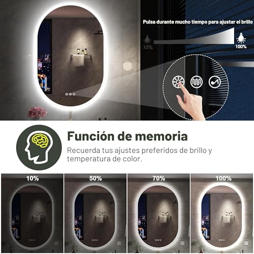 Miniatura 6 de S Bagno 60x90cm Espejo-Baño-Con-Luz En Forma De Pista, 3000k 4000k 6500k Espejo-Baño-Led-Bluetooth Mit Antivaho, Ip44 Espejo-De-Baño-Con-Led Mit Función De Memoria, Horizontal Vertical