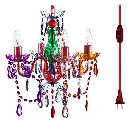 gypsy color The Original Brink House Plug-in 4 Light Multicolor Hanging Swag Chandelier H17.5”xW15”, Red Metal Frame with Multicolor Glass Stem and Acrylic Crystals