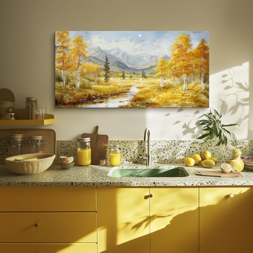crmotu Mountain Forest Wall Art, Riverside Birch Tree Oversized Paintings, Nature Landscape Pictures Art Prints, Modern Large Wall Decor Living Room Bedroom Office Farmhouse Canvas Artwork 30x60inch