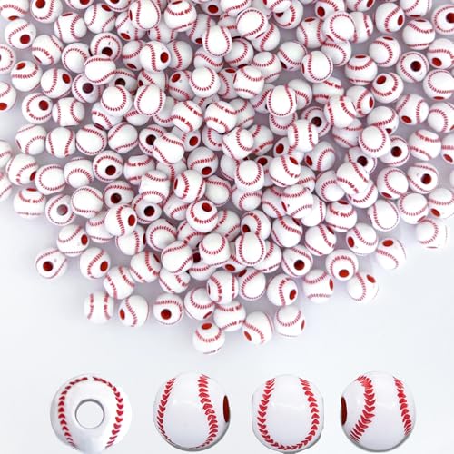 300pcs Baseball Beads 12mm Round Acrylic Beads for Sport Jewelry Making Bracelets Necklaces Keychains & Lanyards Craft Decoration Accessories(White Baseball)