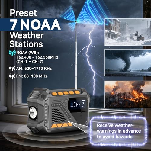 Solar Hand Crank Emergency Radio, 5000mAh NOAA Weather Radio, Radio Portable AM/FM/WB with USB Charger, Flashlight and SOS Alert for Indoor/Outdoor Emergency(Grey) – Bild 3