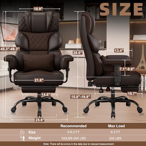 Image of Vonesse Big and Tall Office Chair, Desk Chair with Soft Adjustable Armrests, Ergonomic High Back Gaming Chair with Lumbar Support, Executive Computer Chairs with Footrest (PU Leather, Brown)