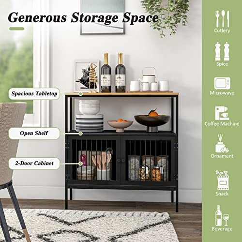 Loko Modern Buffet Sideboard Storage Cabinet With Heavy-Duty Metal Frame And Open Shelf, Multifunctional Coffee Bar Table For Home, Cafe, Natural & Black, 31.5 X 14 X 35.5 Inches #TOP5