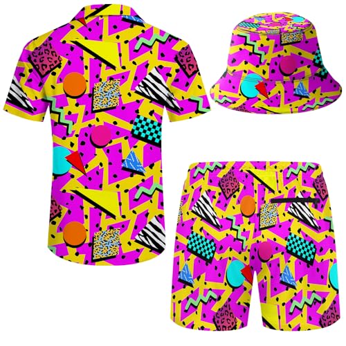 Mens Hawaiian Shirt and Shorts Set 2 Piece 80s 90s Outfit for Men Short Sleeve Button Down Suit with Bucket Hats2