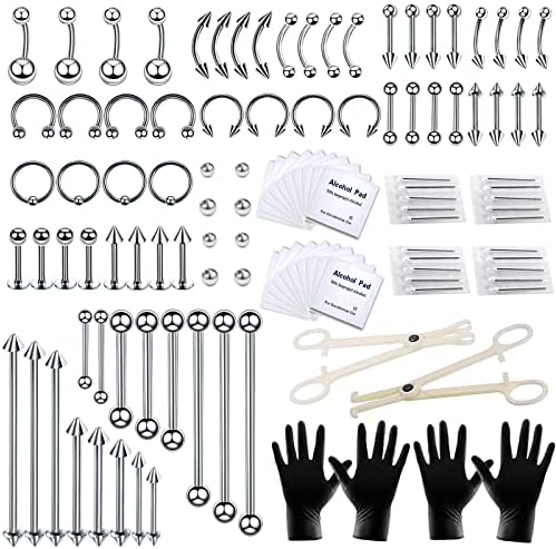 Tustrion 118PCS Piercing Kit for All Body Piercings Stainless Steel Piercing Jewelry 14G 16G Jewelry for Ear Cartilage Tragus Nose Septum Lip Nipple Piercing Tools
