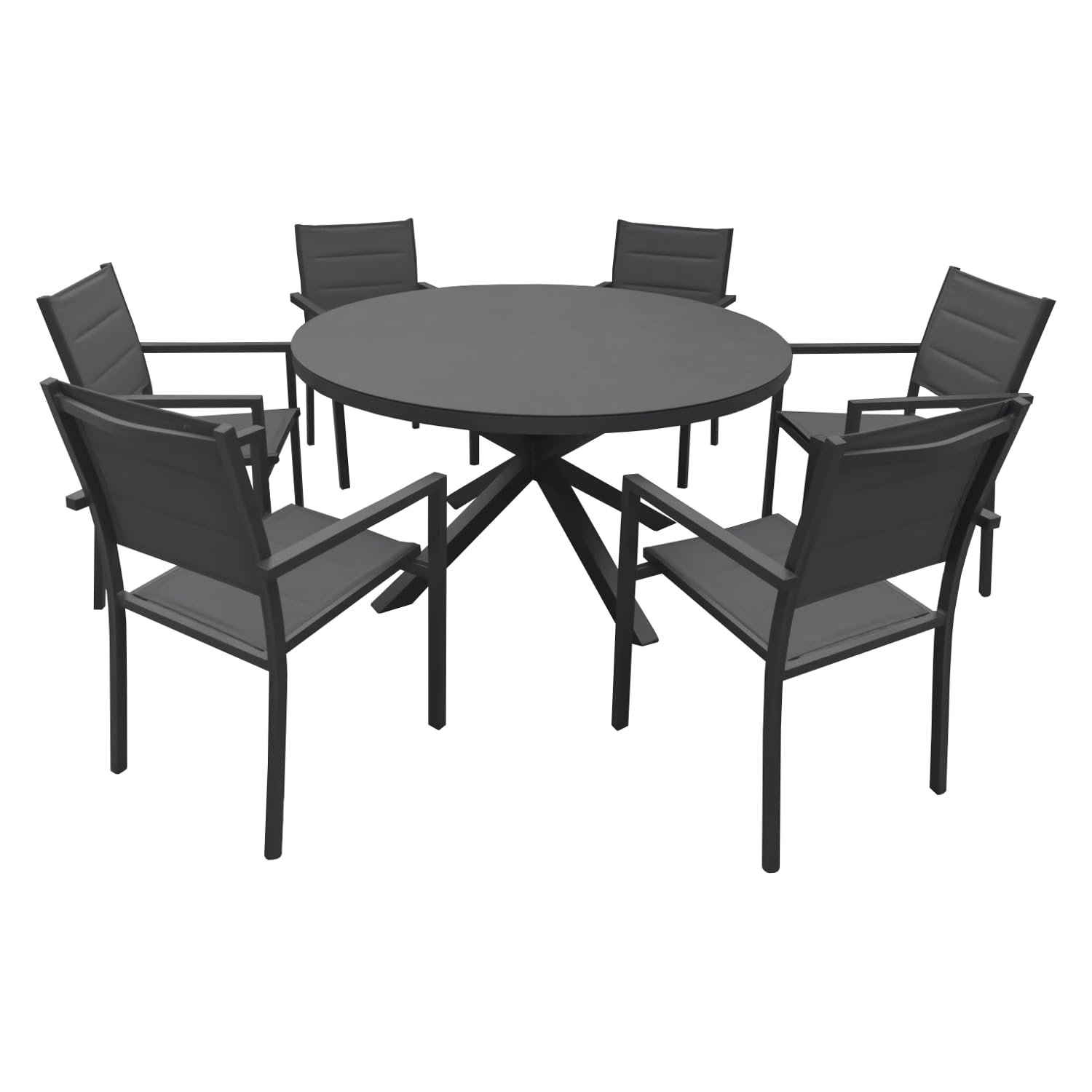 Happy Garden Salon de Jardin GIALOVA 6 Places en textilène Gris – Table Ronde Ø 140 cm – Structure Aluminium Anthracite
