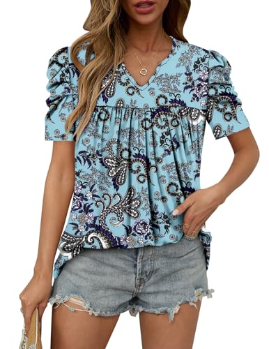 KISSMODA Tops for Womens Summer Cute Short Sleeve Shirts Trendy Notched Neck Blouses Casual Loose Pleated Tunics S-3Xl