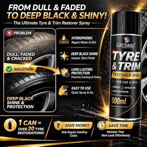 Image of CAR SAAZ Tyre & Trim Restorer Spray 500ml | Tyre Shine, Plastic & Rubber Restorer for Car, Bike | Revives Faded Tyres, Trim & Bumpers | UV Shield, Restores Gloss, Protects from Fading