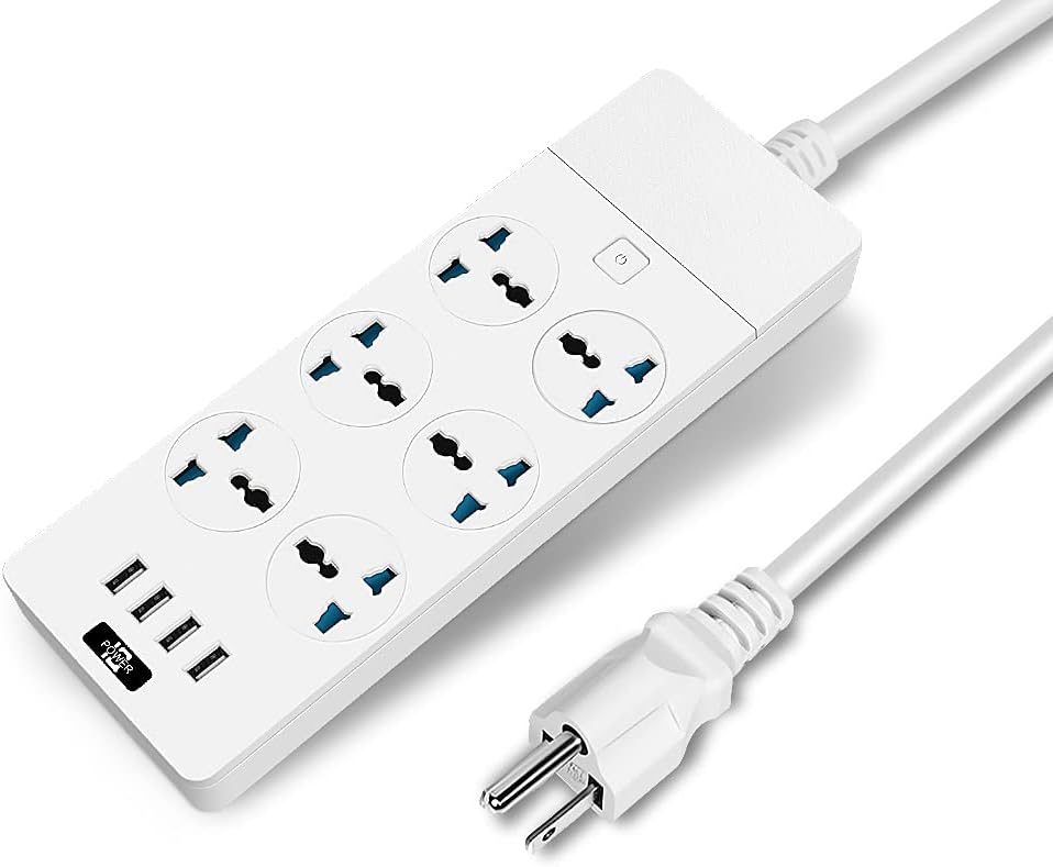 Universal Power Strip with 6 Oulets and 4 USB, 6.5ft Extension Cord 3000W Universal Power Strip Surge Protector 110V-250V Extension Lead for Home Office Dorm Room (White)
