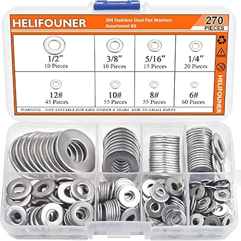 HELIFOUNER 270Pieces 8 Sizes Stainless Steel Flat Washers Assortment Kit, 1/2 3/8 5/16 1/4 12# 10# 8# 6# Cover