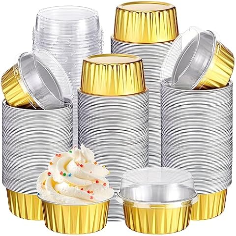 Gejoy 400 Pcs Aluminum Foil Baking Cups 5 oz Disposable Ramekins with Lids Mini Cupcake Liners Creme Brulee Muffin Pans Mold Dessert Tin Container for Christmas Wedding Birthday Party(Gold) Cover