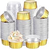 Gejoy 400 Pcs Aluminum Foil Baking Cups with Lids 5 oz Disposable Ramekins Mini Cake Pans Creme Brulee Cupcake Liners Muffin Tins Flan Mold Dessert Container for Wedding Birthday Party(Gold)
