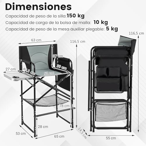 Miniatura 3 de Goplus Silla Alta De Director, Silla Plegable Para Maquillaje Con Mesa Lateral, Portavasos, Bolsillo De Almacenaje, Bolsa De Malla Y Reposapiés, Carga150 Kg, Ligera Para Camping Negro Gris