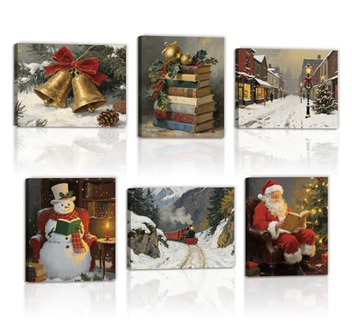 HOURIA 6Pcs Vintage Christmas Wall Art Set(8”x10”), Retro Christmas Santa