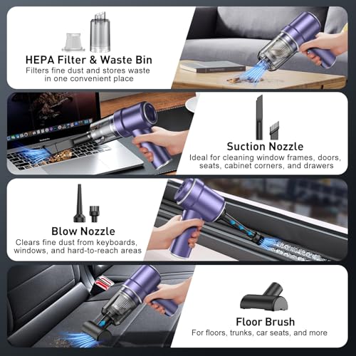 Image of KMM Handheld Car Vacuum Cleaner, 9000PA Vacuum Cleaner & Air Duster, 120W High Power Vacuum Portable Cordless, Hand Held Vacuum Rechargeable with Multi-Nozzles & LED Light for Home, Car, Office