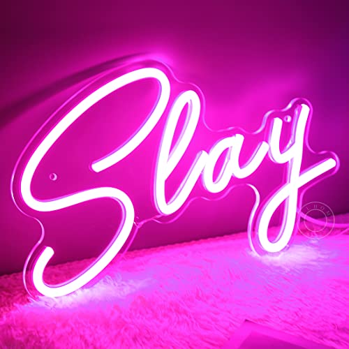 Image of SYLHOME Pink Slay LED Neon Light Sign Bar Man Cave Game Room Wall Decor USB | Cool Boys Girls Bedroom Game Room Wall Decor Neon Light Sign Club Pub Bar Game Center Birthday Decor, Night Light, 11.8 inchX8 inch