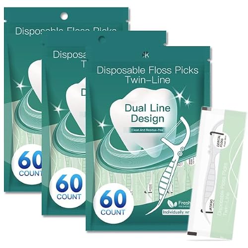 Dental Flosser Picks Set, 180-Count Disposable Flossers Individually wrapped, mint-flavored dual-strand floss combined with toothpick Portable flosser sticks for cleaning teeth(White/3)