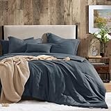 Geniospin Full Comforter Set - 7 Pieces Comforter Full Size, Solid Bedding Sets for All Season, Textured Bed in a Bag with Flat Sheet and Fitted Sheet, Pillowcases and Shams (Navy Blue, 80''x90'')
