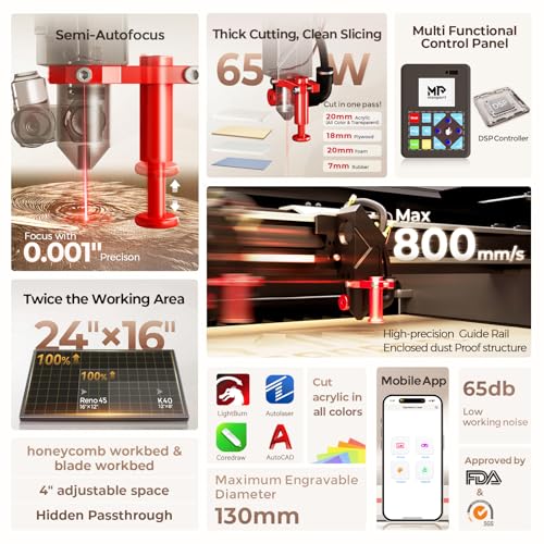 Monport Reno Pro 65W Desktop CO2 Laser Engraver&Cutter,16x24 Workbed Laser Engraving Machine with New Semi-Autofocus,Control Panel,2 Working Platforms,Z-axis Adjustable for Wood Acrylic Glass More... - Image 2