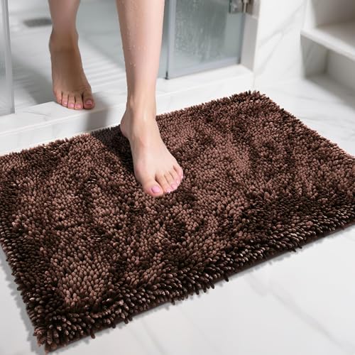 Image of Yimobra Chenille Bathroom Rugs Non Slip, Extra Thick Soft Absorbent Bath Rug 31.5x20 Inch, Machine Washable Quick Dry Bath Mat for Bathroom Floor, Tub and Shower, Home Decor Accessories, Brown
