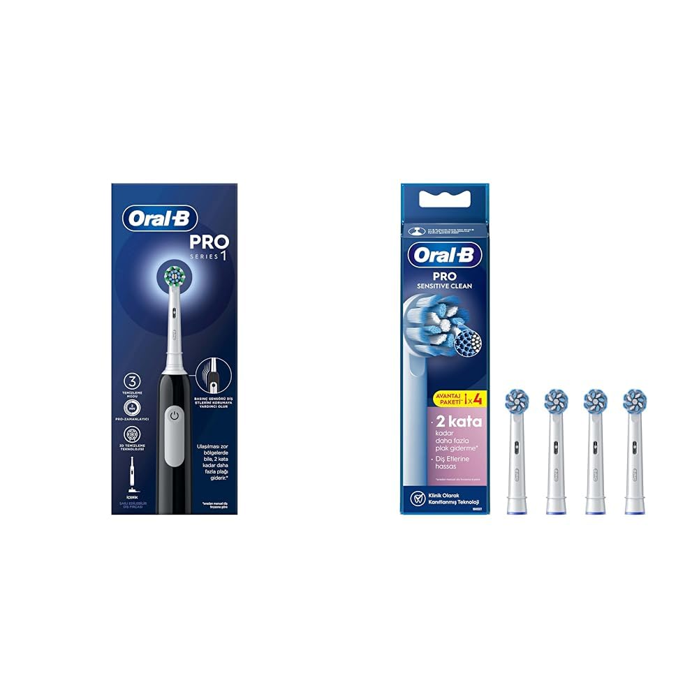 Oral-B Pro Serisi 1 Siyah Elektrikli Diş Fırçası, 1 Diş Fırçası Başlığı, Braun Tasarımı + Oral-B Sensitive X-Filament Şarjlı Diş Fırçası Yedek Başlığı 4 Adet