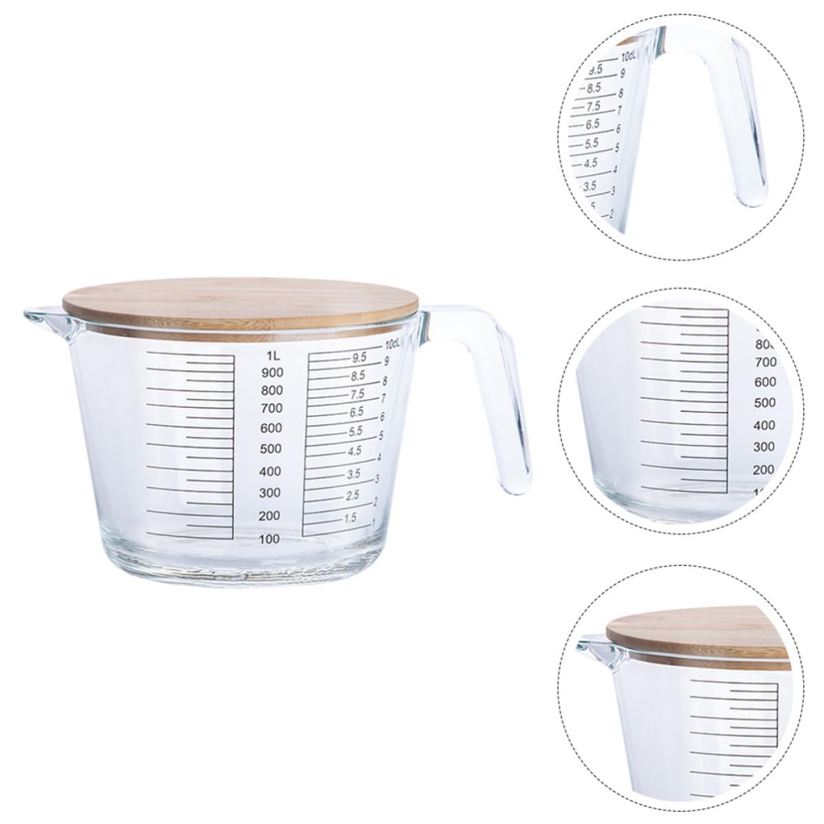 OSALADI Jarra Medidora Material Vidrio y Madera Fácil de Limpiar de Vidrio Resistente al Calor con Escala Adecuado para Medir Jugos y Líquidos en Cocina